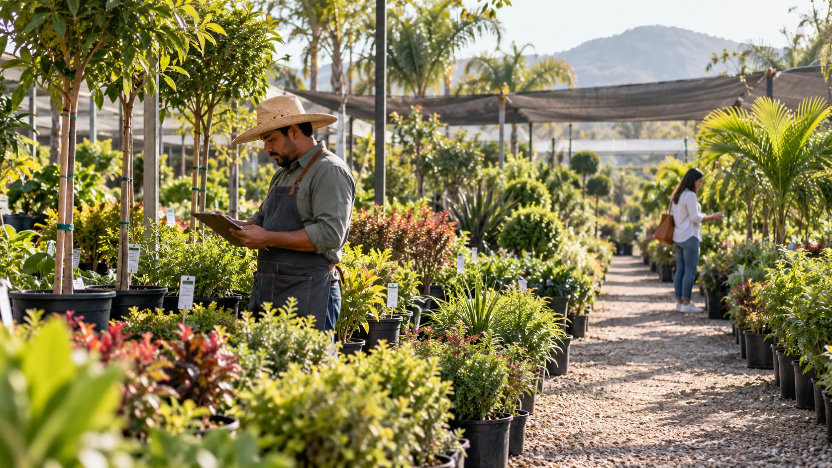 Encargado revisando plantas en un vivero con inventario organizado y clientes recorriendo los pasillos